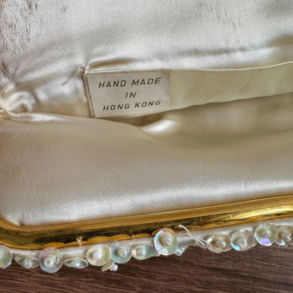 Vintage Cream Convertible Clutch Evening Bag With Sequins & Beads Hand Made - Picture 7 of 11